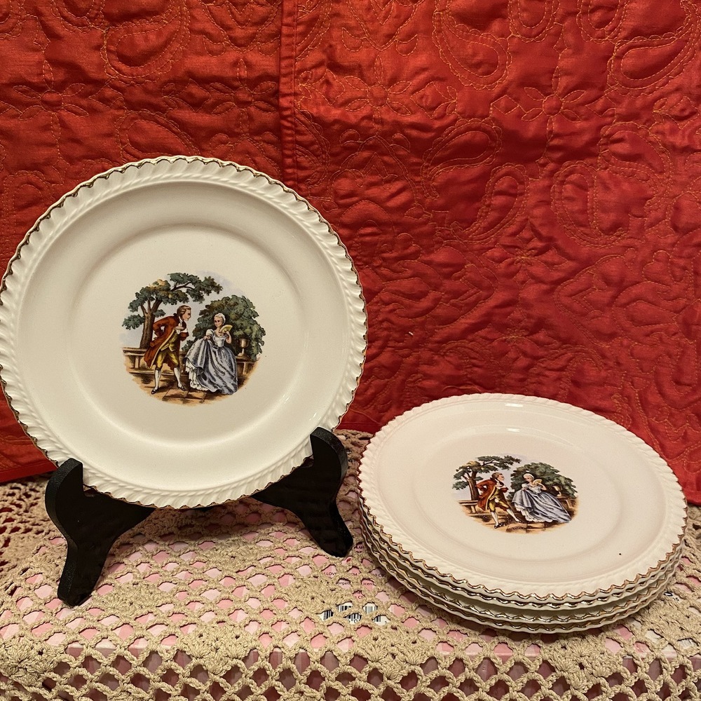 Vintage Decorative 6 in Courtship Dessert Plate 22kt gold trim Made In USA. 5 Pc